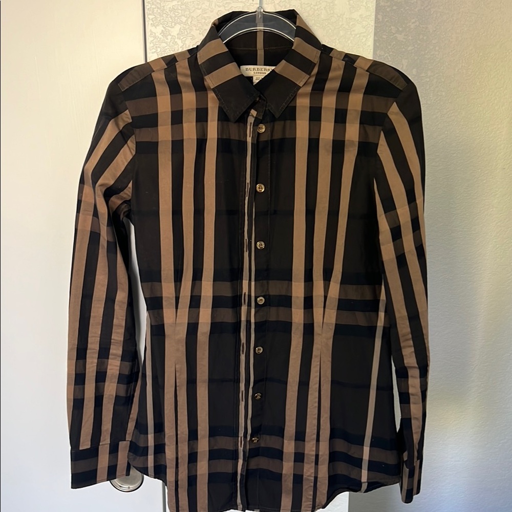 Burberry Women's Black and Brown Plaid Button Up Top
